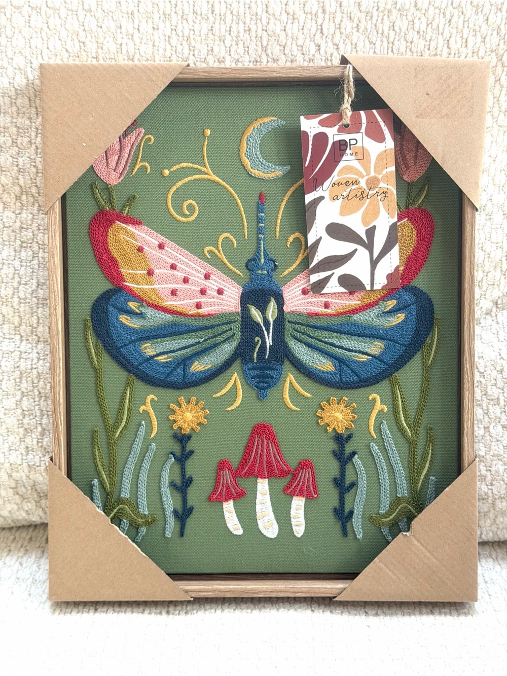 BP Home Botanical Moth Mushroom Woven Wall Art Cottage Goblin Butterfly 12x15”